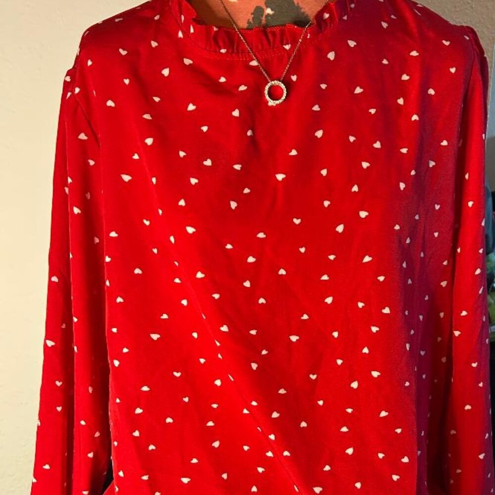 Shein Silky Ruffle Detail Long Sleeve Blouse in Red with White Abstract Hearts S